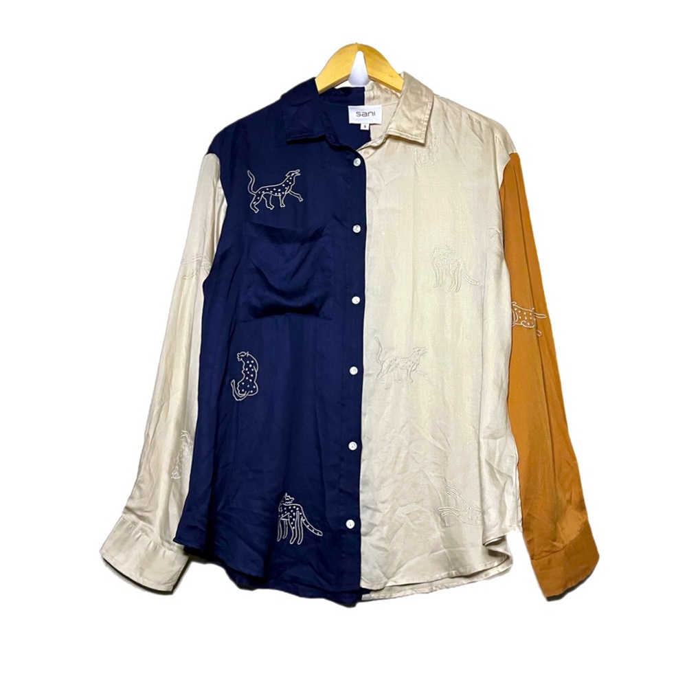 Sani Satin Embroidered Cheetah Button Down